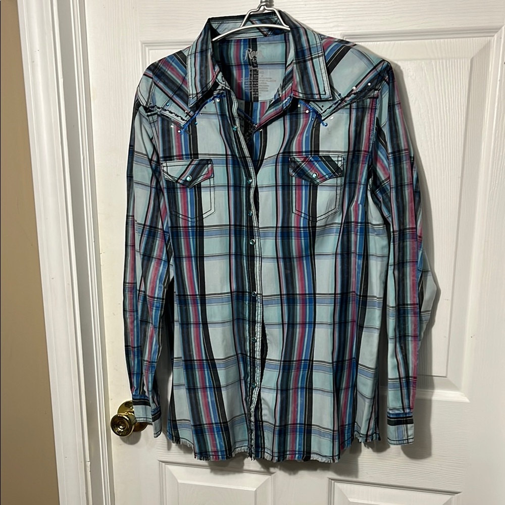Rock 47 by Wrangler- Blue and Pink Plaid Button-Up Shirt